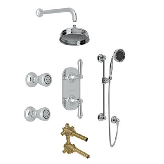 ROHL Acqui 3-Way Thermostatic Shower Kit with Slidebar Showerhead and 2 Body Jets