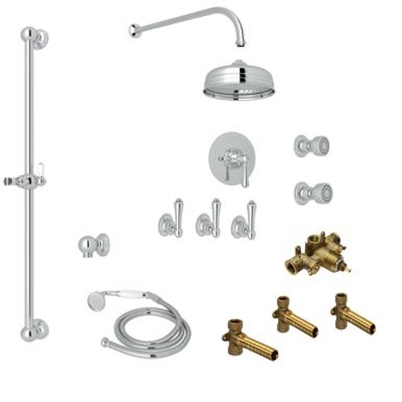 Perrin & Rowe Georgian Era Thermostatic Shower Kit with 3 Shutoff Valves Slidebar Showerhead and 2 Body Jets