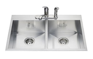 Kindred QDLF2031 20 gauge hand fabricated dual mount double bowl ledgeback sink