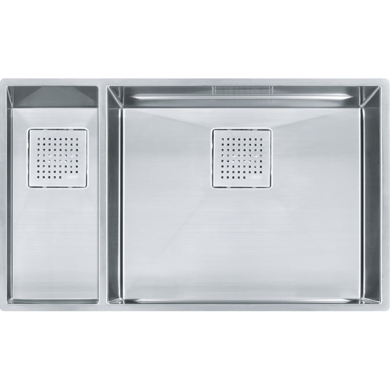 Franke PKX160-LH-S Peak Undermount 16G Stainless Steel Double 36Cab with Strainer Basket