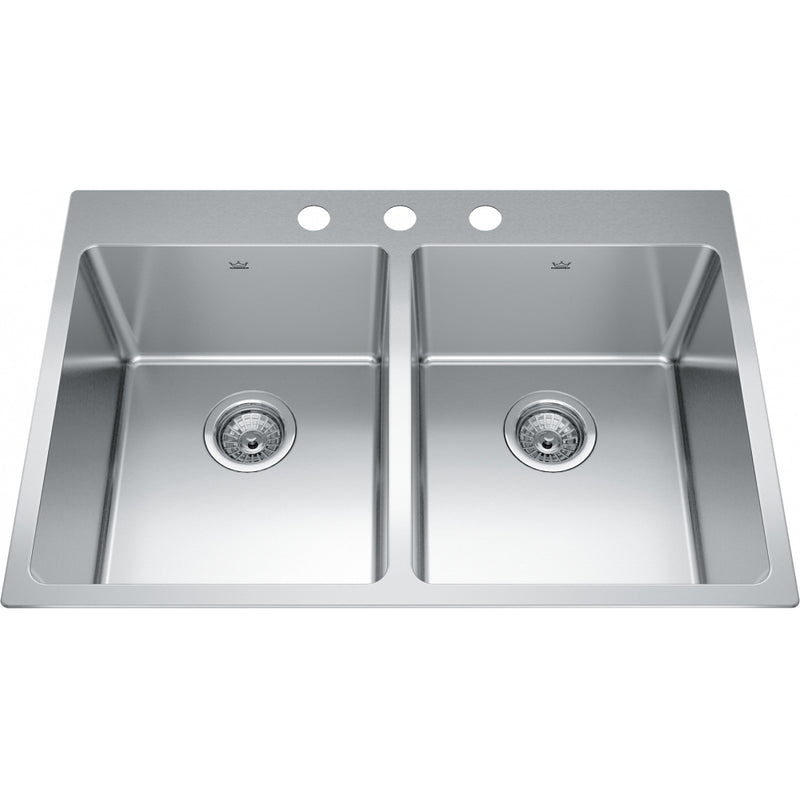 Kindred BDL2131-9-3 Brookmore Topmount 18G Stainless Steel Double Sink 3 Hole 33Cab