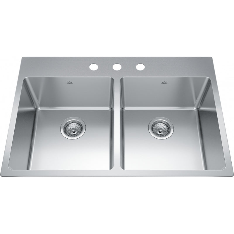 Kindred BDL2233-9-3 Brookmore Topmount 18G Stainless Steel Double Sink 3 Hole 36Cab