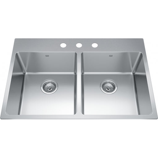 Kindred BDL2233-9-3 Brookmore Topmount 18G Stainless Steel Double Sink 3 Hole 36Cab