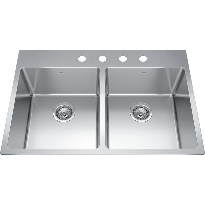 Kindred BDL2233-9-4 Brookmore Topmount 18G Stainless Steel Double Sink 4 Hole 36Cab
