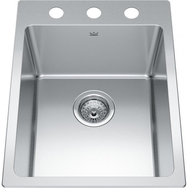 Kindred BSL2116-9-3 Brookmore Topmount 18G Stainless Steel Single Sink 3 Hole 18Cab