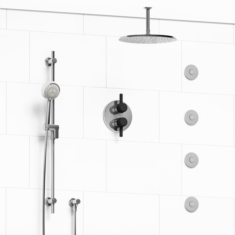 Riobel Momenti KIT483MMRDJ Type T/P 3/4 inch double coaxial system with hand shower rail, 4 body jets and shower head