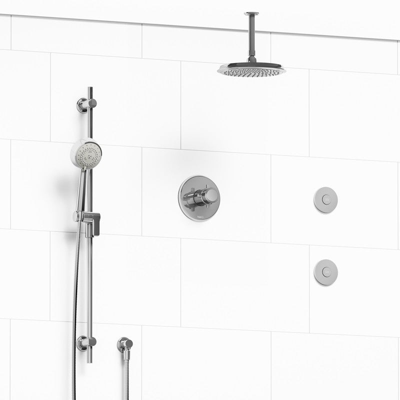 Riobel Momenti KIT3545MMRD Type T/P 1/2 inch coaxial 3-way system, hand shower rail, elbow supply, shower head and 2 body jets - Cross Handle
