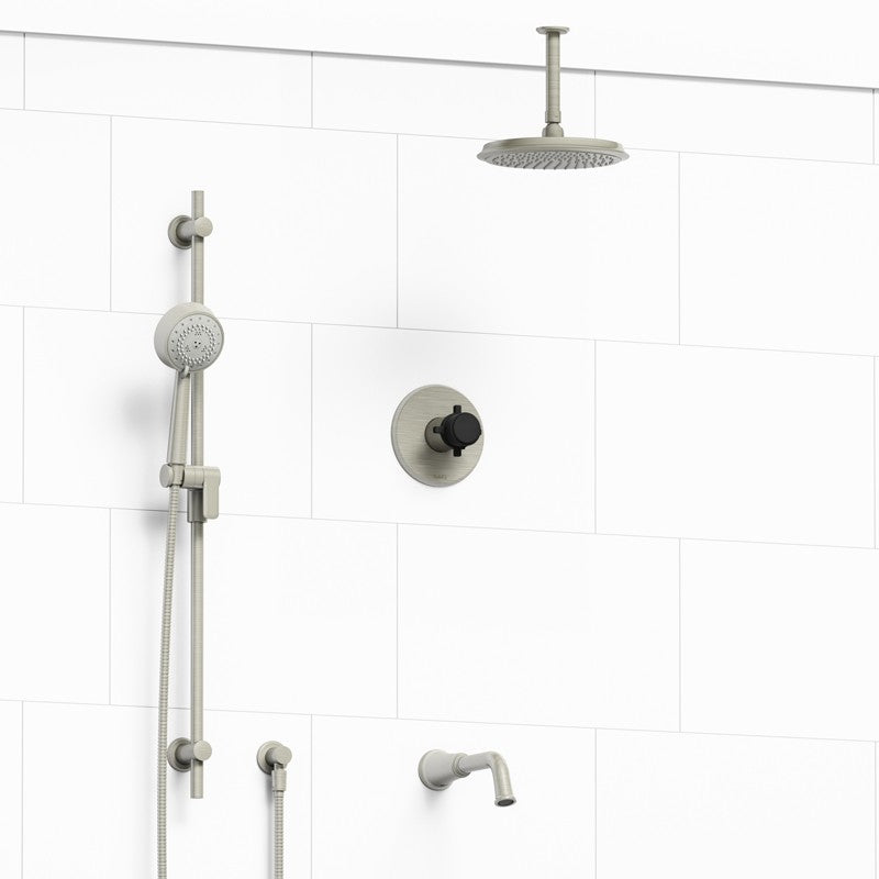 Riobel Momenti KIT1345MMRD Type T/P 1/2 inch coaxial 3-way system with hand shower rail, shower head and spout - Cross Handle
