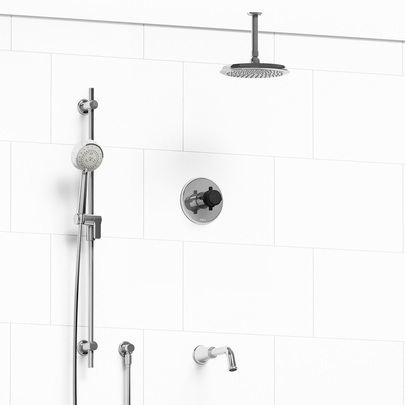 Riobel Momenti KIT1345MMRD Type T/P 1/2 inch coaxial 3-way system with hand shower rail, shower head and spout - Cross Handle