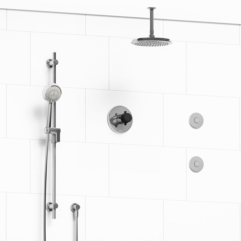 Riobel Momenti KIT3545MMRD Type T/P 1/2 inch coaxial 3-way system, hand shower rail, elbow supply, shower head and 2 body jets - Cross Handle