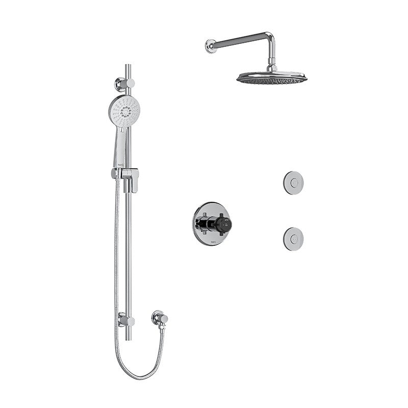 Riobel Momenti KIT3545MMRD Type T/P 1/2 inch coaxial 3-way system, hand shower rail, elbow supply, shower head and 2 body jets - Cross Handle