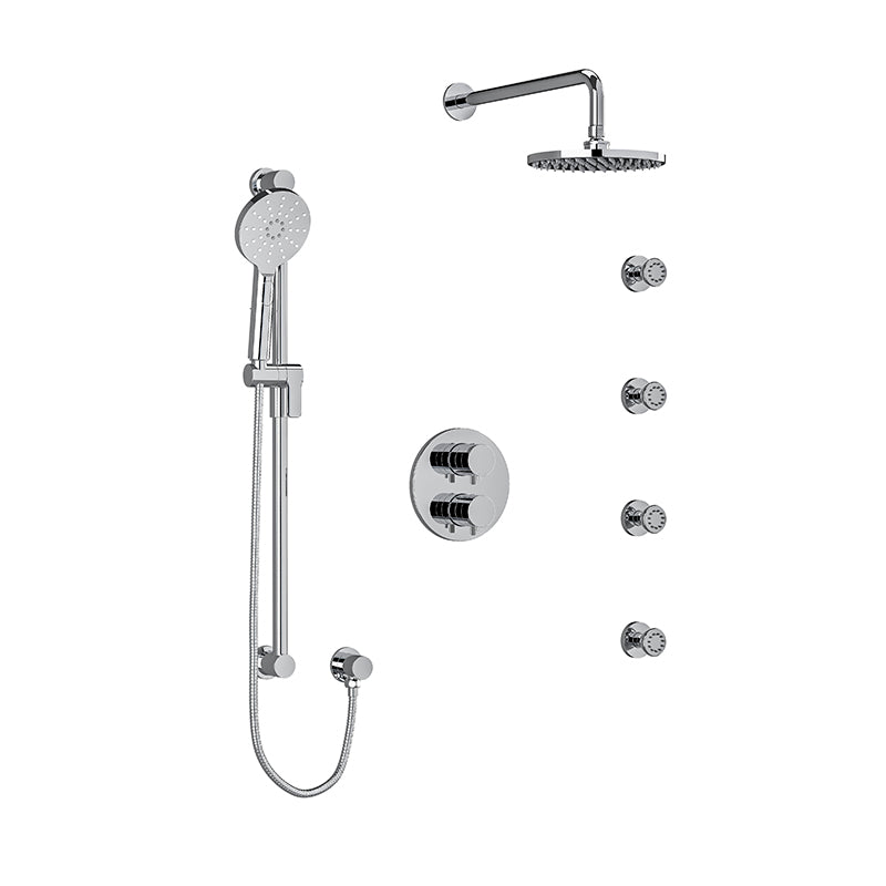 Riobel RIU Knurled KIT446RUTMKN Type T/P double coaxial system with hand shower rail, 4 body jets and shower head