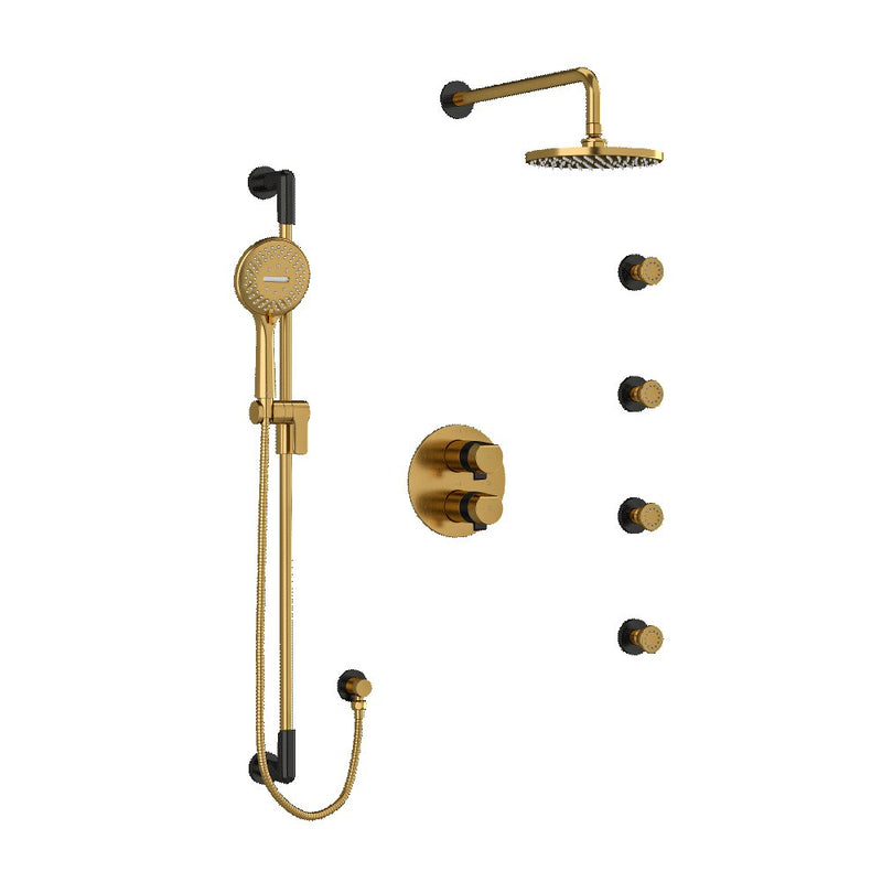 Riobel Parabola KIT446PB Type T/P thermostatic/pressure balance double coaxial system with hand shower rail, 4 body jets and sho