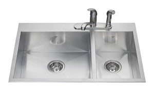 Kindred QCLF2031R 20 gauge hand fabricated dual mount two bowl ledgeback sink small bowl right