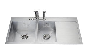 Kindred QCLF2039DBR 20 gauge hand fabricated dual mount two bowl ledgeback drainerboard sink small bowl right